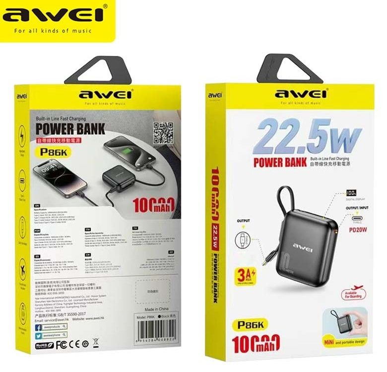 Alternative view of Powerbank - P86K - 10.000mah - AWEI - 008822 - Black