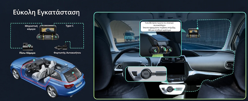 Campark 4πλή Κάμερα Αυτοκινήτου 4CH 360° Full HD με Νυχτερινή Όραση, G-Sensor & 24ωρη Καταγραφή Parking (+128gb mSD)