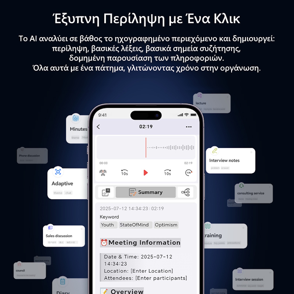 JNN S29A Καταγραφικό Ήχου με Απομαγνητοφώνηση & Περίληψη με AI – App Control με BT & Υποστήριξη 188 Γλωσσών 64GB