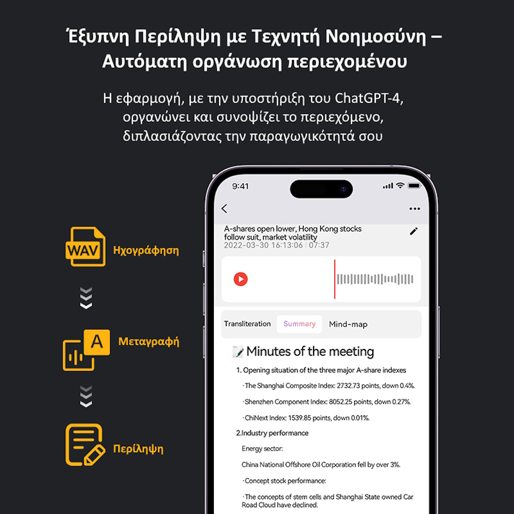 JNN A3V Καταγραφικό Ήχου με Voice-To-Text & Μετάφραση – App Bluetooth & Μαγνητική Πλάτη 16GB