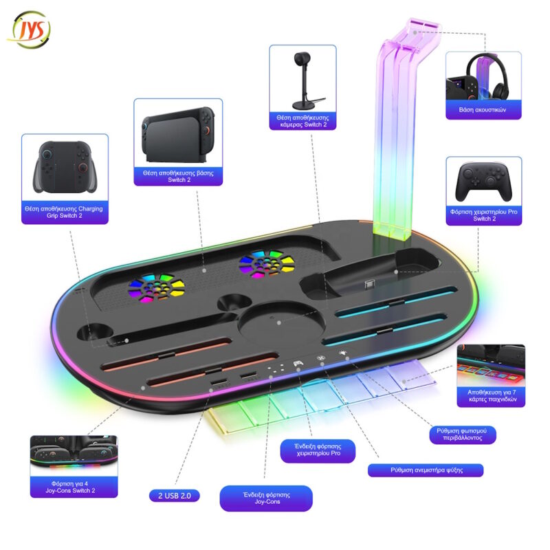 Alternative view of Βάση Φόρτισης Switch 2 Multifunctional με Ψύξη, RGB & Φόρτιση 4 Χειριστηρίων JYS NS2322 Μαύρη