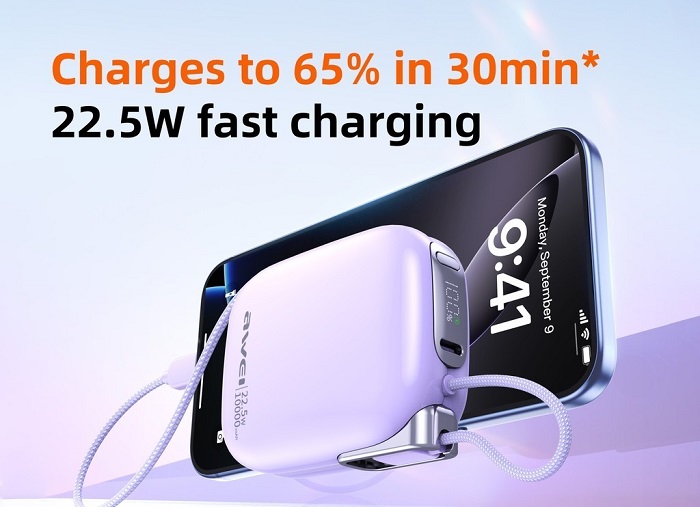 Alternative view of Powerbank - 2in1 - Type-C & Lightning - MH-135 - 10.000mah - 22.5W - AWEI - 027540 - Black