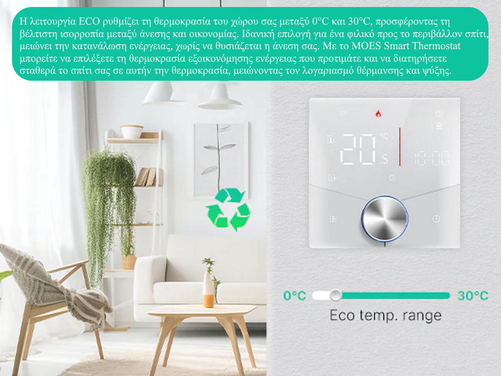 MOES WHT-009 Smart WiFi Θερμοστάτης με Περιστροφικό Διακόπτη για Φυσ. Αέριο ή Πετρέλαιο (Λευκό)