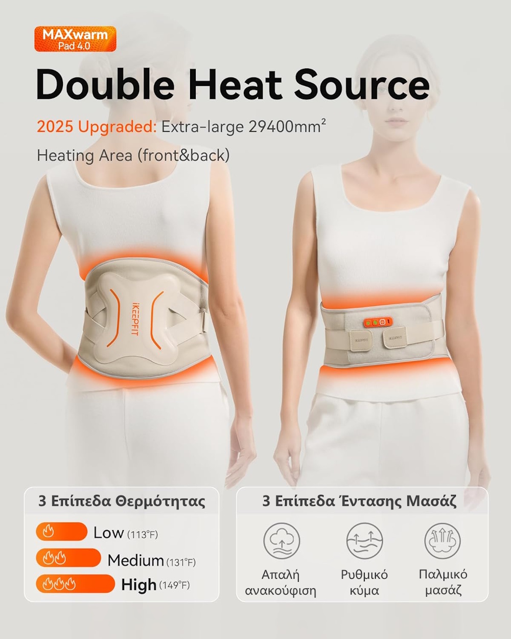 iKeepFit Maxwarm 4.0 Ζώνη Μέσης με Θερμότητα & Μασάζ για Πόνους Οσφύος (8000mAh/Υποστήριξη Μέσης/Ασύρματη)